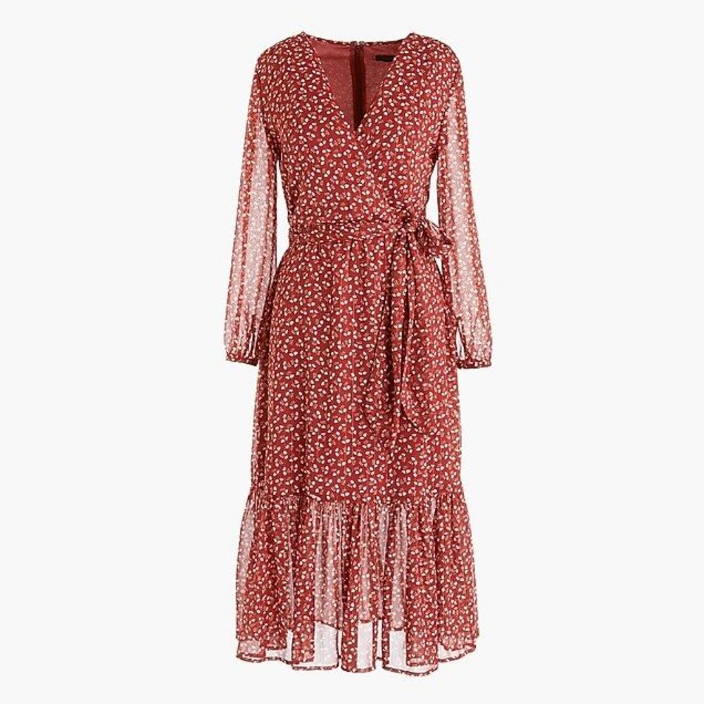 J.CREW Red Sparkle DRESS Floral Crinkle Chiffon Faux-Wrap Midi Dress sz …